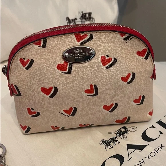 Coach Heart Pattern Cosmetic Bag - Cream and Red - Picture 2 of 5